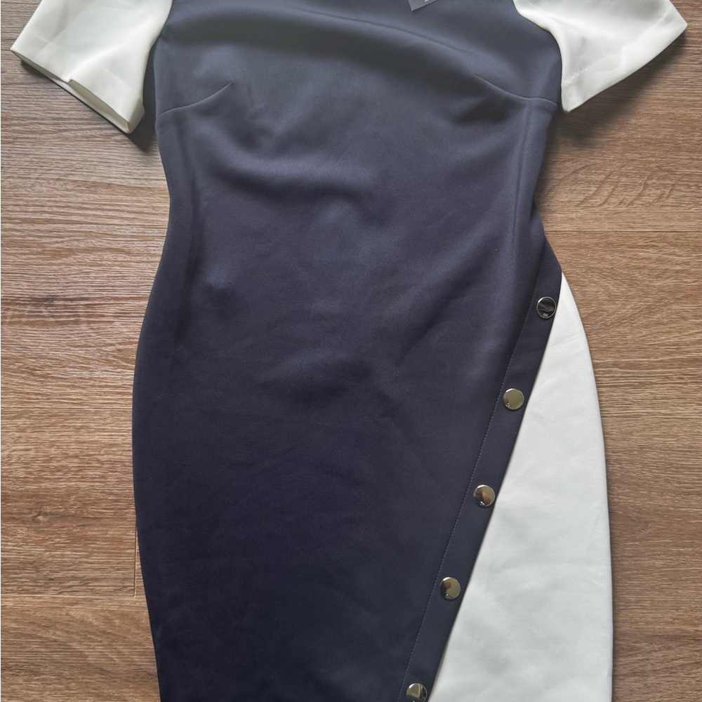 Tommy Hilfiger Blue and White Asymmetrical Sheath Dress
